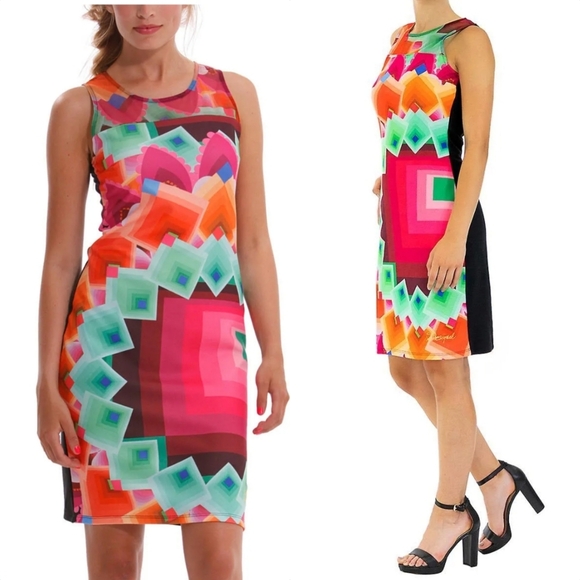 New Desigual Geometric Pixel Knit Sheer Mesh Sleeveless Knee Length Shift Dress - Picture 1 of 12